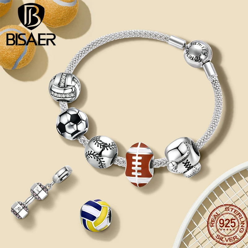 BISAER 925 en argent Sterling série balle charme Football volley-ball Tennis basket-Ball perle ajustement femmes et hommes Bracelet bricolage bijoux fins