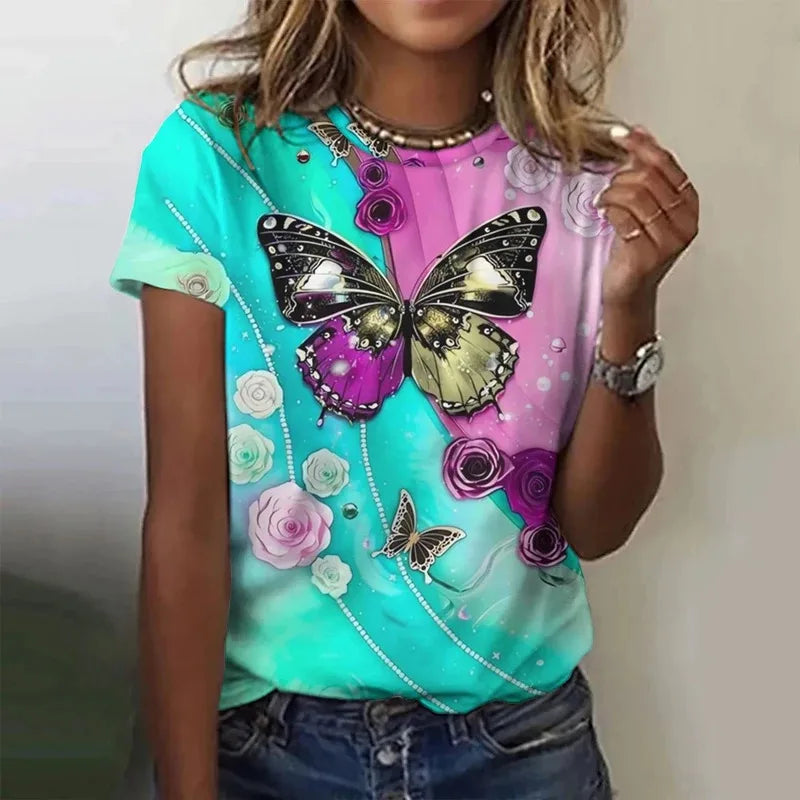 T-shirt manches courtes col rond femme, estival et surdimensionné, avec motif Floral et fleur papillon imprimé en 3D, Y2k, Harajuku, vêtements féminins, nouvelle collection