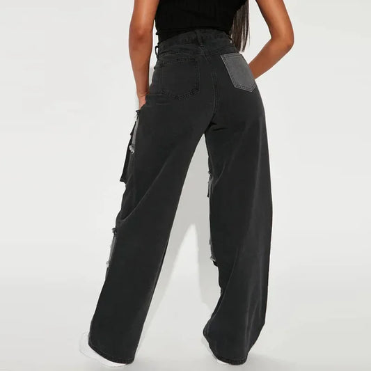 Jean Droit à Jambes Larges en Denim pour Femme, Pantalon Patchwork, Taille Haute, Poches, Bouton, Vintage, FjStrecth Denims, Automne 2025