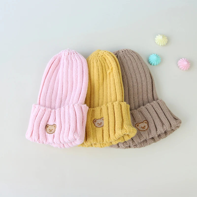 Chapeau de bébé brodé d'ours de dessin animé coréen, doux et chaud pour enfants garçons et filles, Bonnet d'hiver tricoté pour enfants