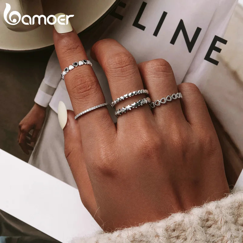 BAMOER véritable 925 bague empilable en argent Sterling coeur noir CZ bagues pour les femmes bijoux d'anniversaire de mariage Anel SCR140