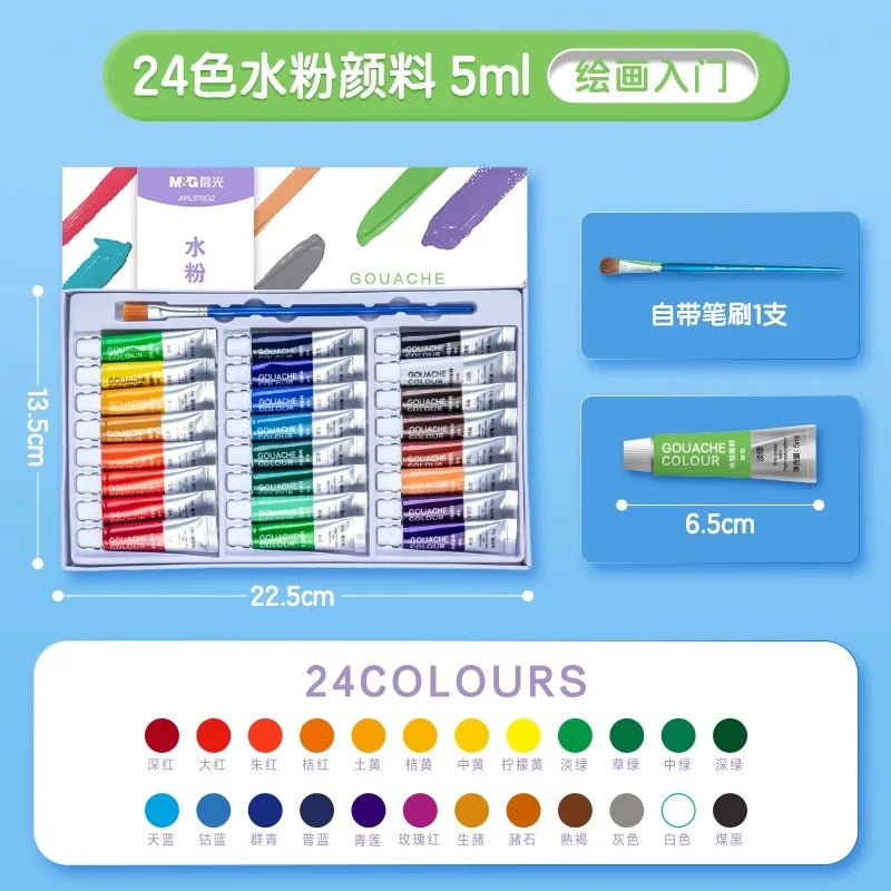 M & G – ensemble de peinture Gouache pour étudiants, 12/18/24 couleurs, Tube Art, outils de peinture spéciaux lavables