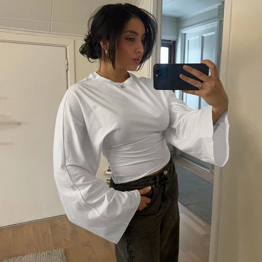 Talenza décontracté solide t-shirt femmes col rond à manches longues pull plis haut court femme 2025 automne mode basique t-shirt ample