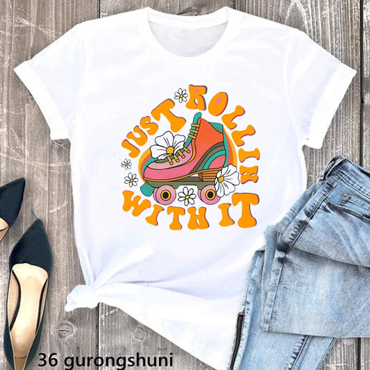 Aquarelle paix amour patinage graphique impression T-Shirt filles passionné de patinage à roulettes T-Shirt femmes drôle T-Shirt femme en gros