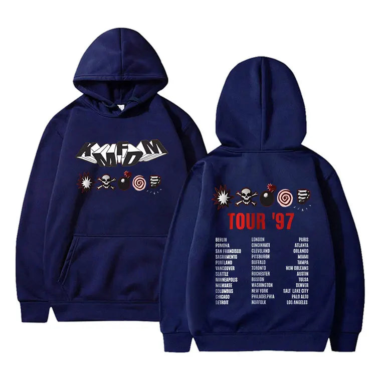 Kmfdm Tour 97 Graphic Hoodie pour hommes et femmes, Rock Band Vintage Gothic Punk Pullover Hoodies, Unsiex Casual Smile Cotton Sweatshirt