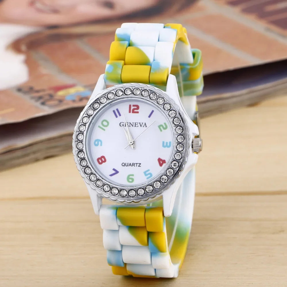 Montres de luxe pour femmes, arc-en-ciel, diamant, quartz, silicone, étanche,