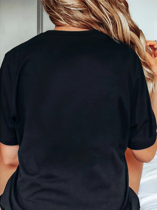 T-shirt décontracté imprimé cocotier et lettres colorées pour femmes, mélange de polyester doux, extensible, col rond, manches courtes