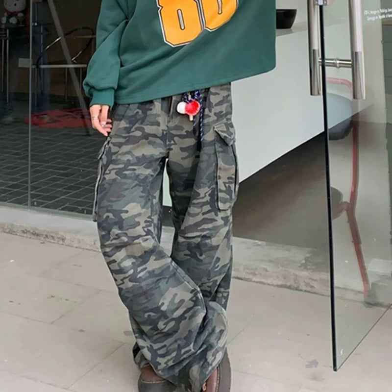 Femmes Camouflage Cargo jean américain Streetwear utilitaire pantalon rétro Jazz Hiphop Baggy Denim pantalon décontracté paresseux pantalon