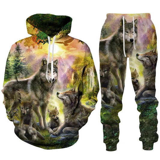 Ensemble de survêtement imprimé 3D pour hommes et femmes, sweat à capuche Cool Forest Wolf, pantalon imbibé, tenues de couple Hip Hop, personnalité High Streetwear, mode