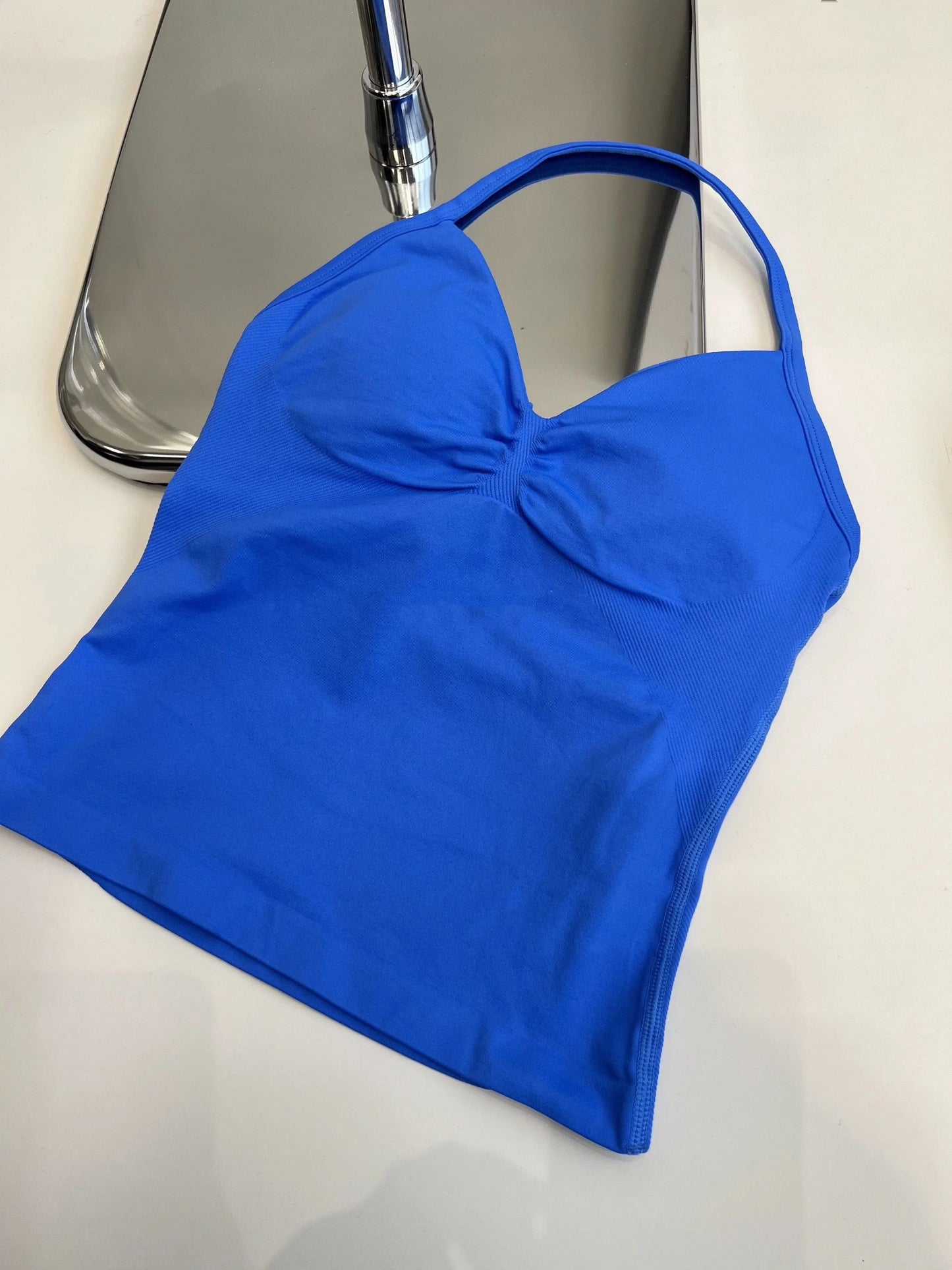 Haut de sport à bretelles palangre, dos nu, Logo personnalisé, vêtements de sport pour femmes, soutien-gorge intégré froissé avec bonnets amovibles, débardeurs de Yoga