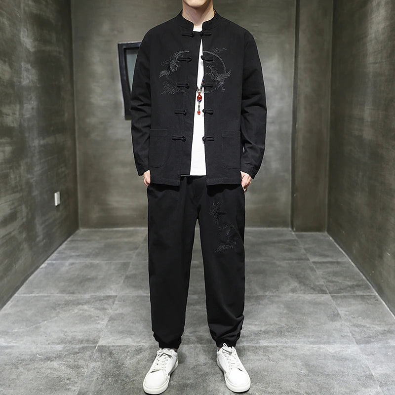 Ensemble deux pièces de style chinois pour hommes, chemise et pantalon, broderie, lin, coton trempé, décontracté, rétro, Kungfu, fjfu