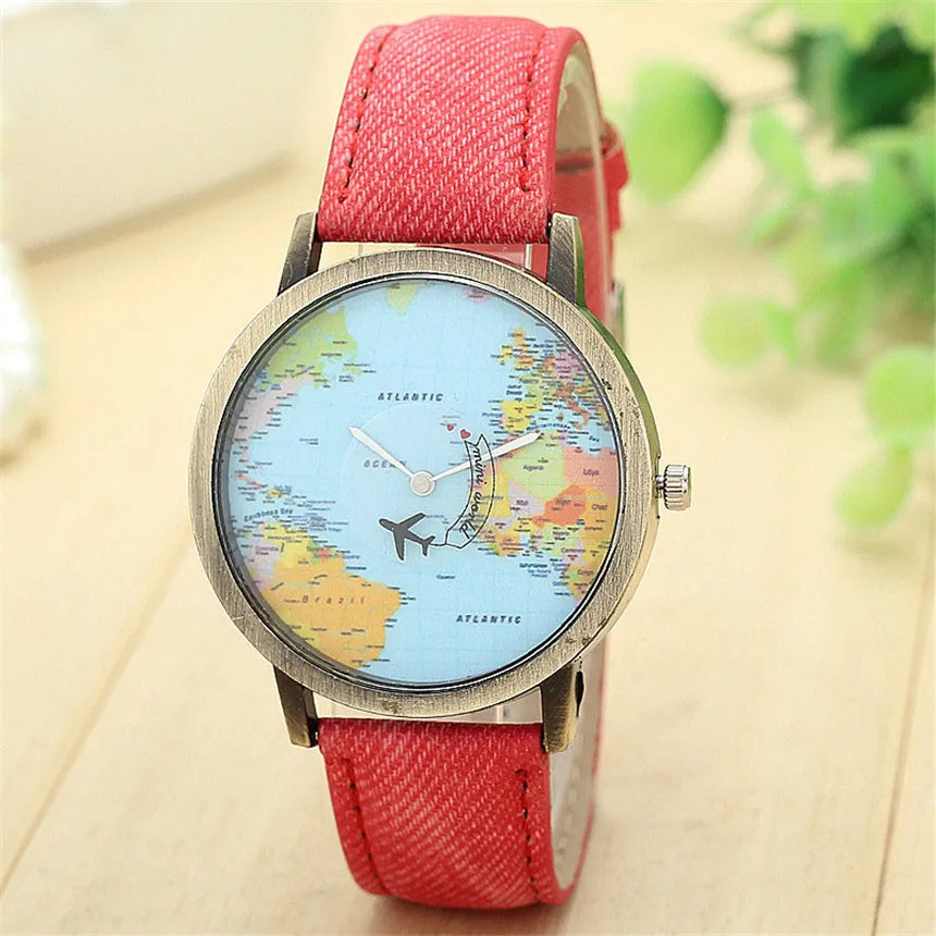 Montre à Quartz de mode unisexe carte avion voyage autour du monde