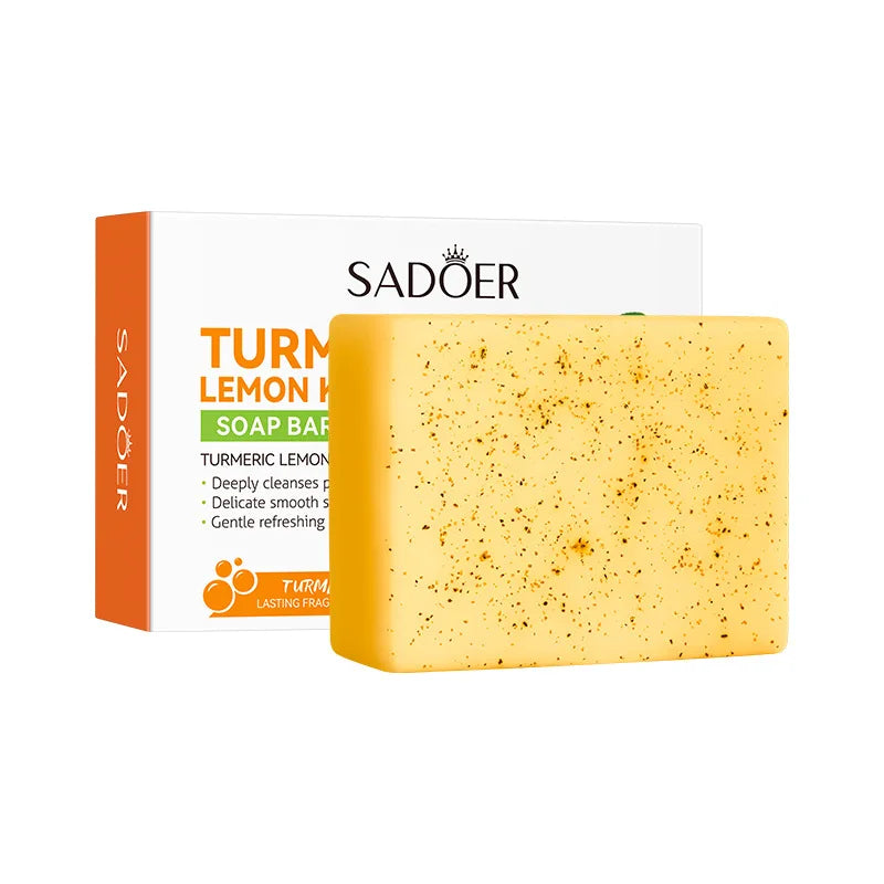 Savon éclaircissant au citron et au curcuma, fait à la main, nettoyage en profondeur, exfoliant pour le corps, douche et visage, soins pour le corps avec filet, 100g