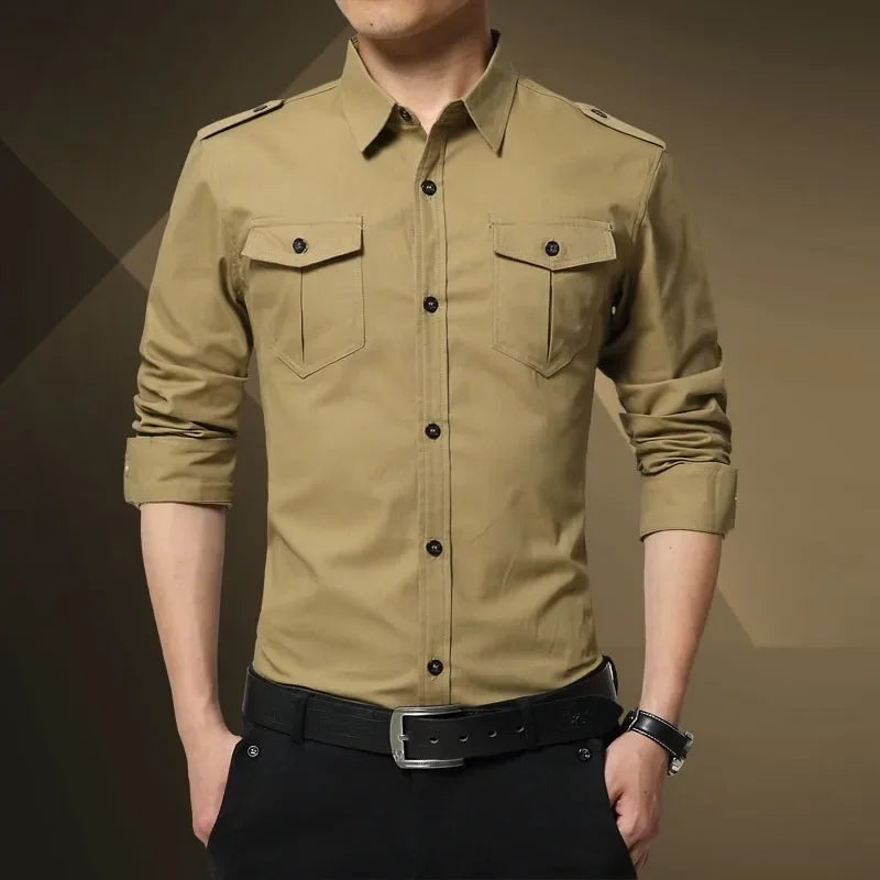 Chemise slim à manches longues de style militaire pour hommes, épaulette en coton, double poche, chemise décontractée, nouveau, 2025