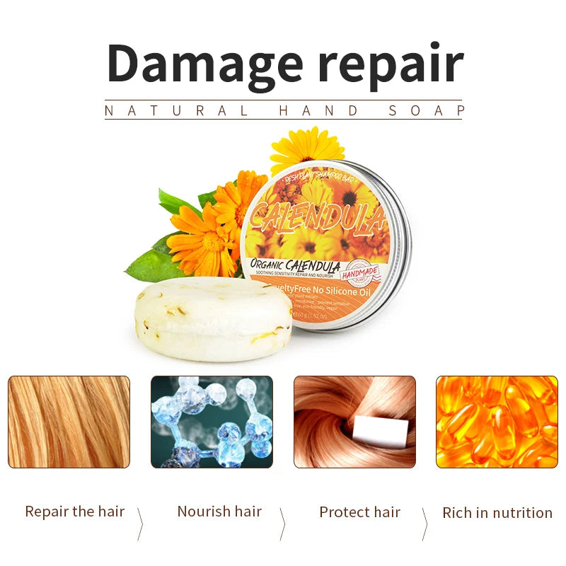 Le savon shampooing végétal au calendula n'a pas d'huile de silicone ni résidu, nettoie en profondeur le cuir chevelu, contrôle l'huile et élimine l'huile