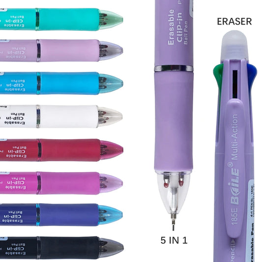 Stylo à bille multicolore effaçable 5 en 1, recharge 4 couleurs de 0.7mm et crayon automatique de 0.5mm,