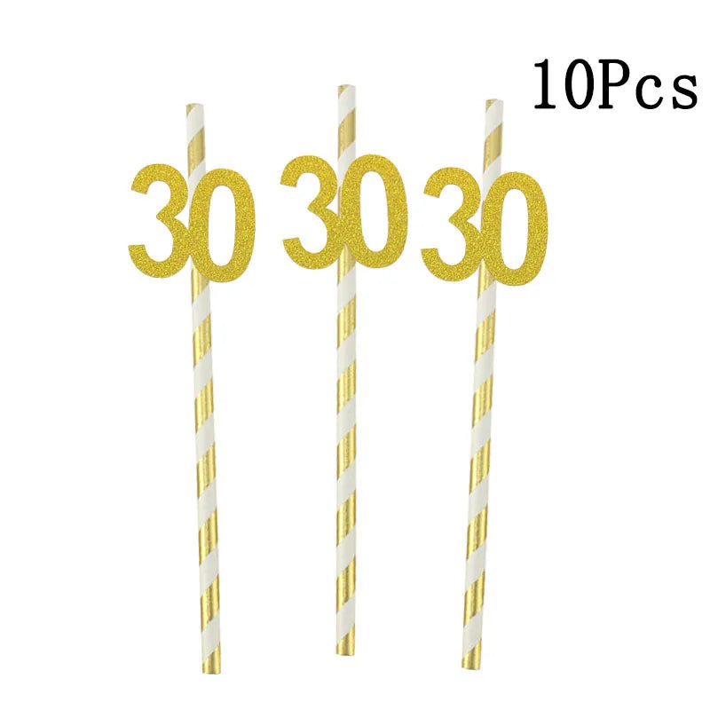 Pailles en papier à rayures dorées, 1 sac, numéro 30e 40e 50e 60e, lunettes à ceinture, pailles à boissons joyeux anniversaire pour adultes, décoration de fête en ballon