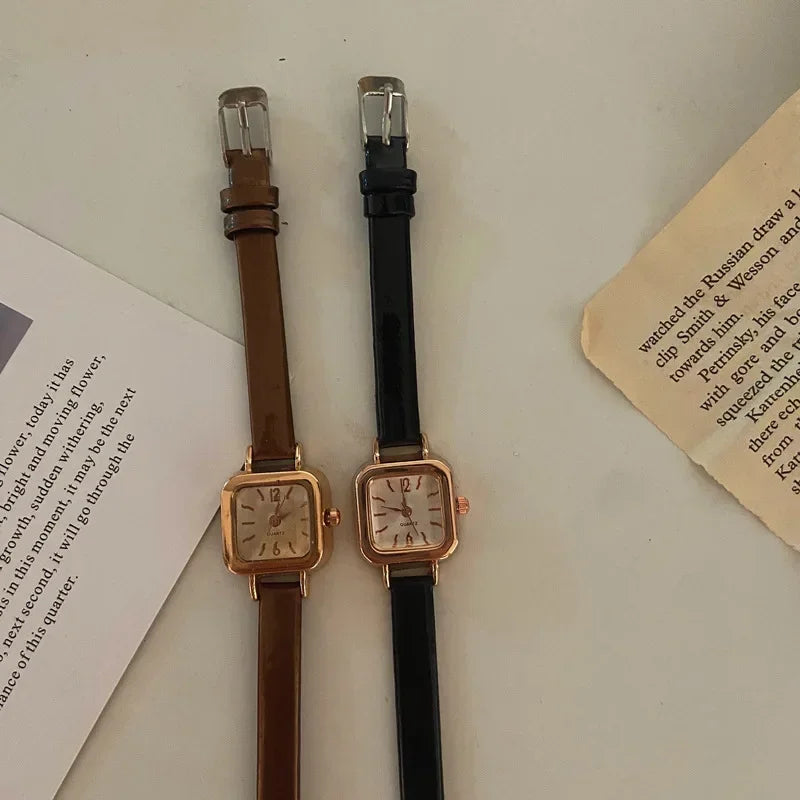 Montre-bracelet à quartz pour femme, petit cadran carré, bracelet en cuir fin, élégant, décontracté