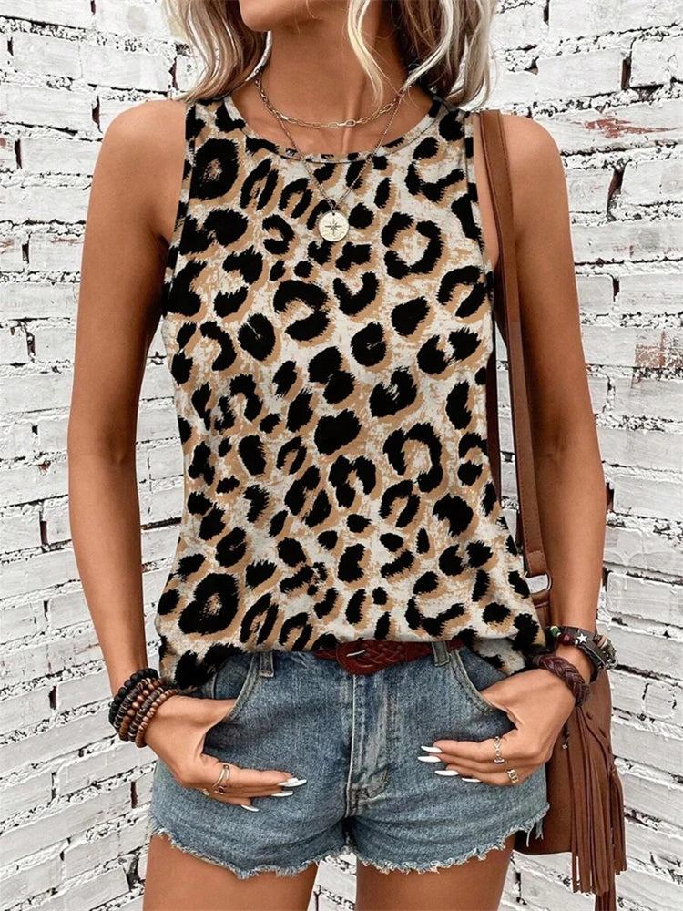 Débardeur d'été Sexy imprimé léopard en 3D pour femmes, mode col rond, gilet décontracté, épaules dénudées, Y2k, haut sans manches, Camisole, vêtements pour femmes