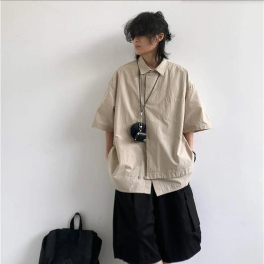 Ensemble coréen pour hommes, chemise à manches courtes + plusieurs poches, Short d'outillage, couleur unie, rétro, tendance d'été, ensemble deux pièces