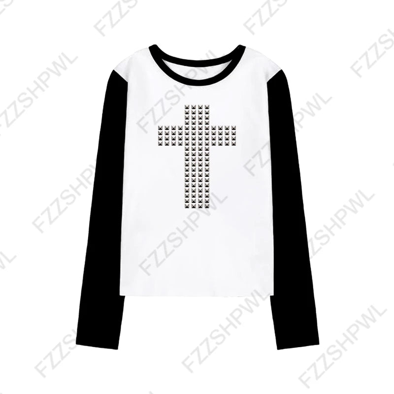Y2K gothique esthétique femmes col incliné à manches longues T-Shirt Sexy mince Chic haut court Harajuku Rock Punk Hip Hop Hottie Streetwear