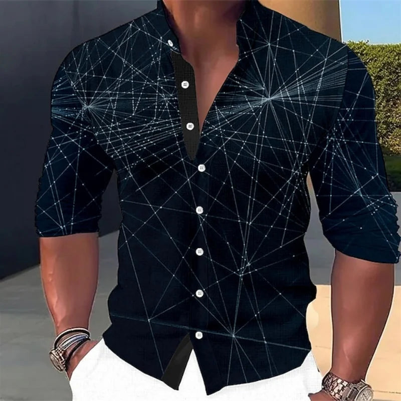 Chemise à boutons à motif géométrique pour hommes, manches longues, mode rue, extérieur, décontracté, quotidien, été, printemps et automne, col montant imprimé
