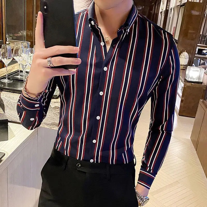 Chemises rayées à boutons formels pour hommes, beau tempérament, col rabattu, maigre, printemps, été, automne, vêtements fins pour hommes, mode
