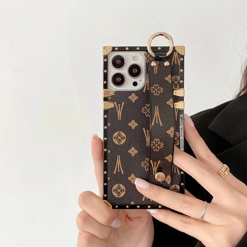 Étui carré en cuir avec dragonne pour iPhone