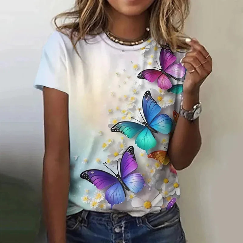 T-shirt manches courtes col rond femme, estival et surdimensionné, avec motif Floral et fleur papillon imprimé en 3D, Y2k, Harajuku, vêtements féminins, nouvelle collection