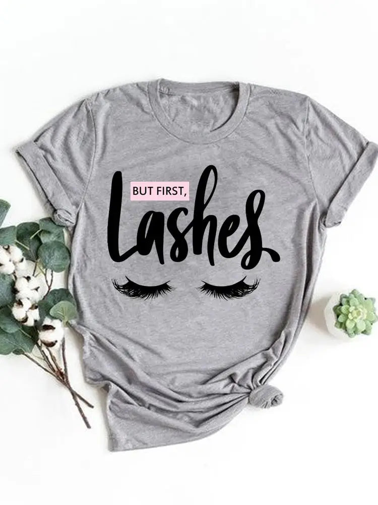 T-shirt manches courtes pour femmes, vêtement basique, haut d'été, maquillage rayé, joli et mignon, imprimé, à la mode, graphique