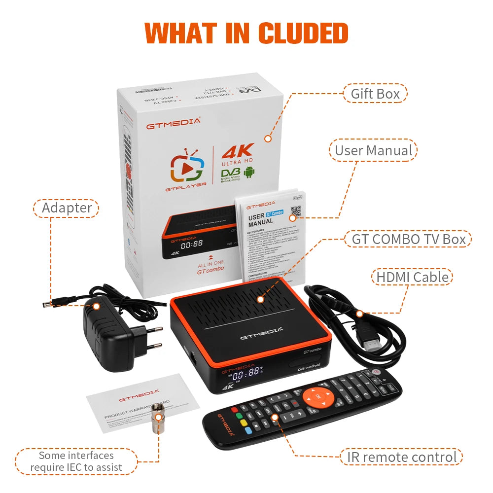 4K Ultra HD TV Box GTMEDIA GTCOMBO Android 9.0 + DVB-S2X/T2/C/ATSC-C(J.83B)/ISDBT Decoder Satellite Receiver Tuner Receiver H.265
