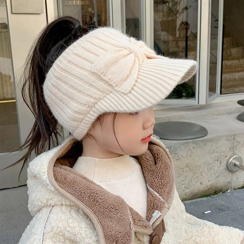 Chapeau en laine pour Protection des oreilles, haut vide, avec nœud pour bébé fille, tricoté en bec de canard, pour enfants de 3 à 10 ans, couvre-oreilles chauds d'hiver, bonnets pour enfants