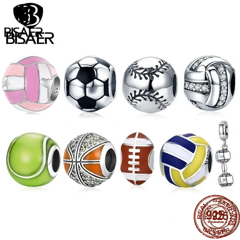 BISAER 925 en argent Sterling série balle charme Football volley-ball Tennis basket-Ball perle ajustement femmes et hommes Bracelet bricolage bijoux fins