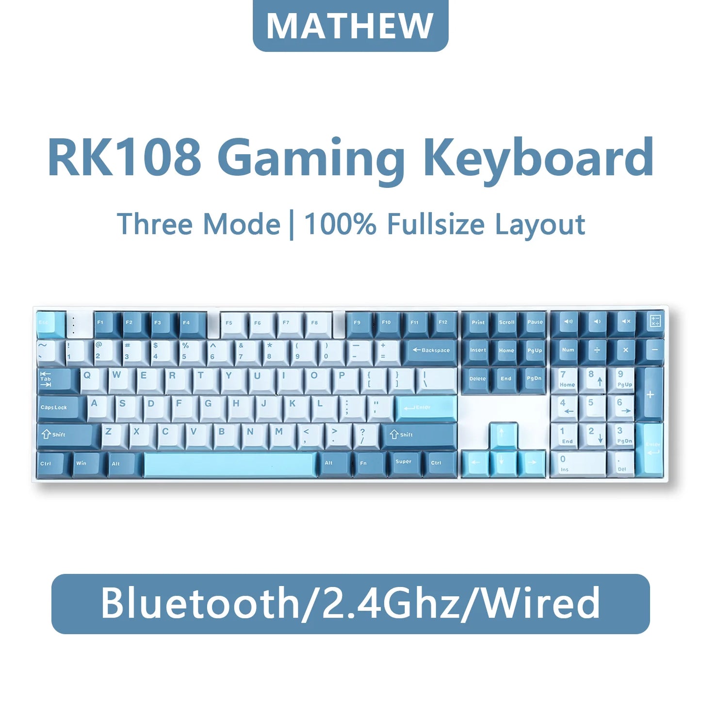 Clavier mécanique sans fil RK108, RVB, Bluetooth, 100%, grande taille, programmable, personnalisé, bricolage, 108 touches avec NumberSub