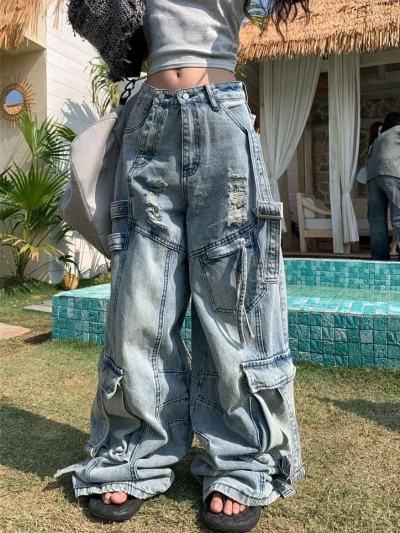 Tendances de la mode américaine Joker outillage poche Baggy jean femme rue Y2K nouveau Hip Hop surdimensionné pantalon à jambes larges unisexe jean