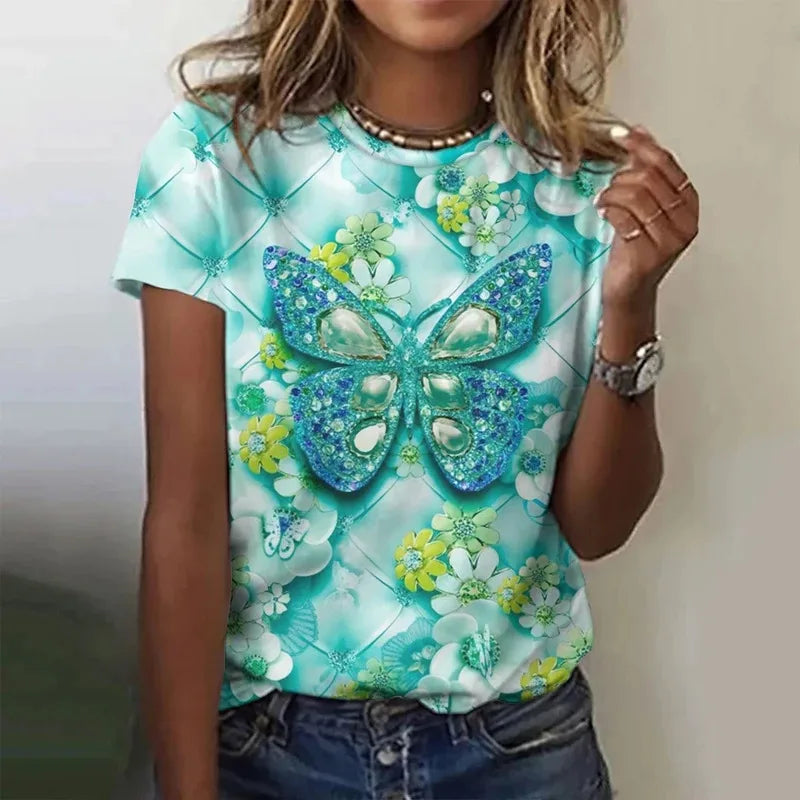 T-shirt manches courtes col rond femme, estival et surdimensionné, avec motif Floral et fleur papillon imprimé en 3D, Y2k, Harajuku, vêtements féminins, nouvelle collection