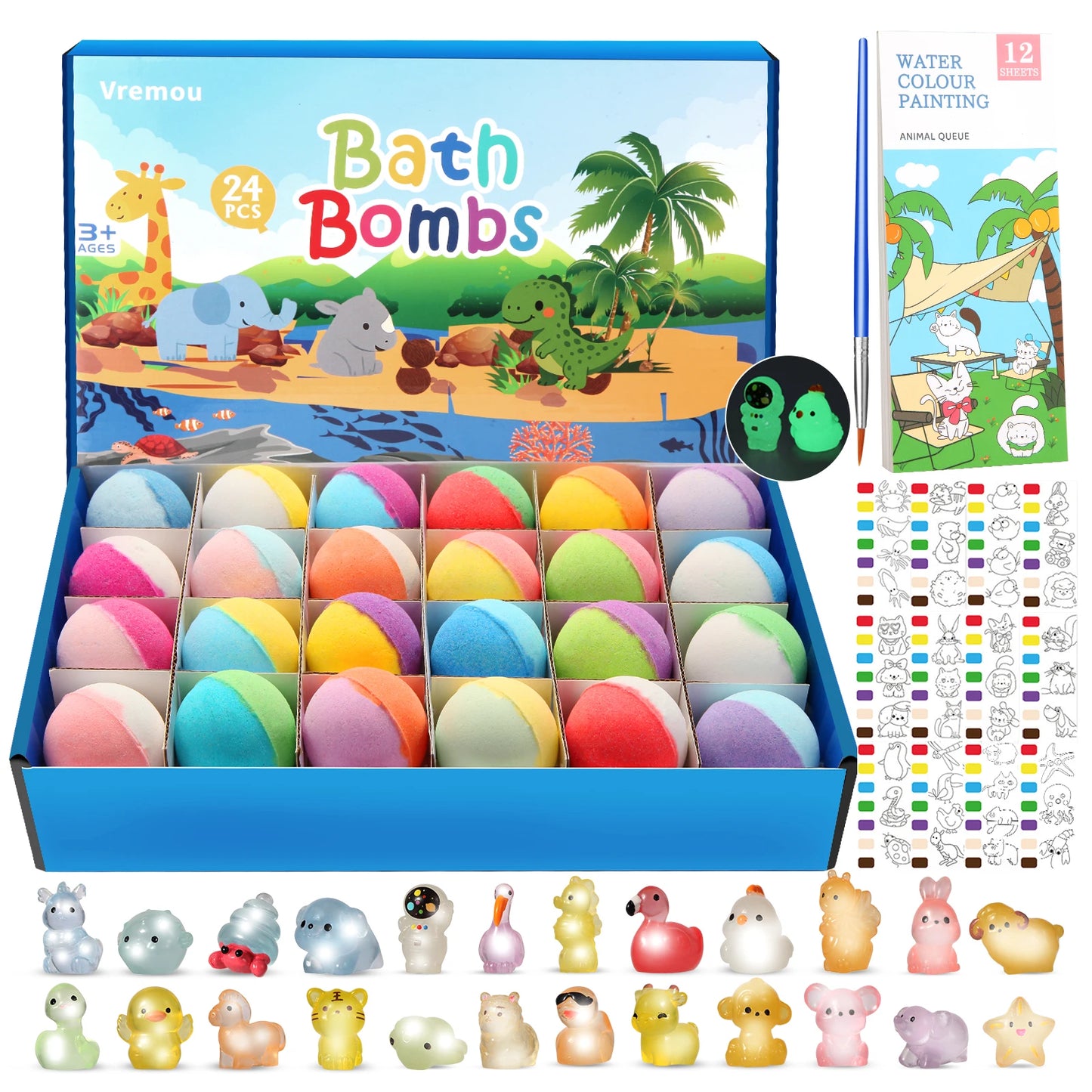 Bombes de bain pour enfants avec jouet à l'intérieur, 24 bombes de bain moussantes naturelles et organiques avec surprise qui brille dans la nuit à l'intérieur