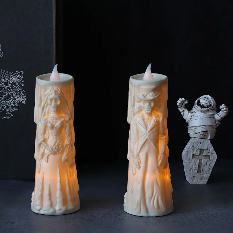 Lumières de crâne d’Halloween, bougies lumineuses LED, décorations effrayantes, accessoires décoratifs, mariée et marié fantômes, ornements de lampe de couple