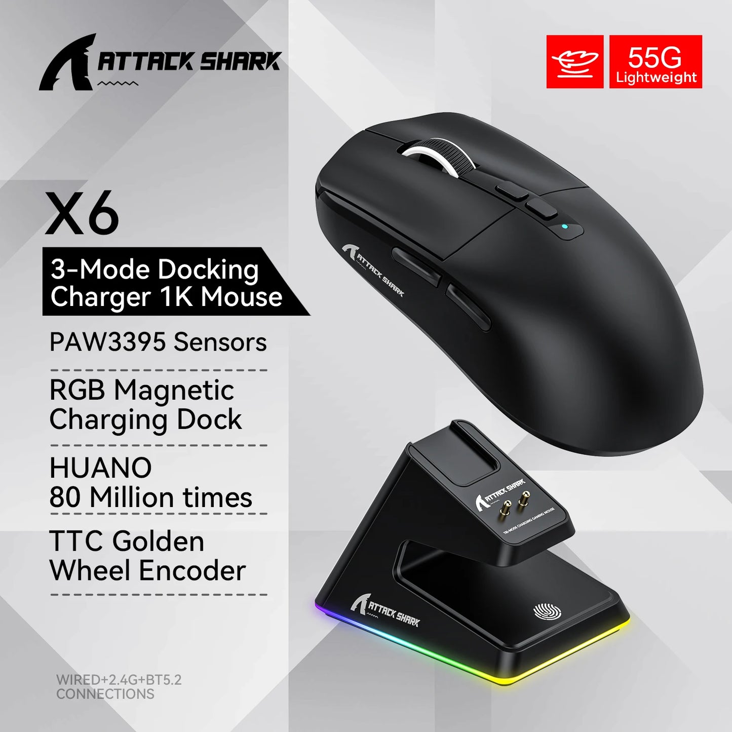 Souris ATTACK SHARK X6, connexion tri-mode Bluetooth