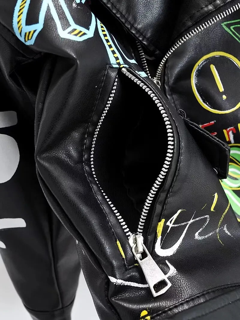 Manteau de marque en cuir PU pour femmes, veste de marque à la mode, imprimé Graffiti coloré, manteaux Punk doux, Slim Locomotive, veste courte, haut en cuir