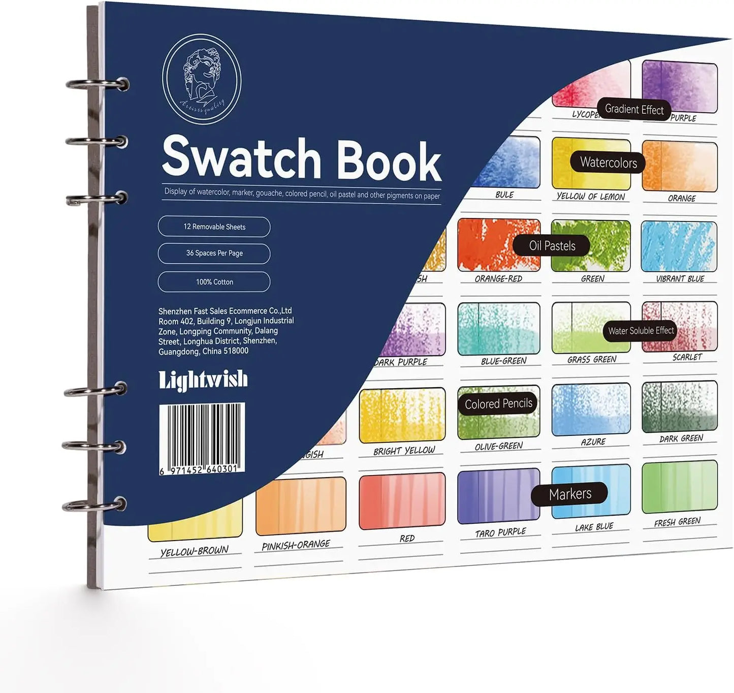 LIGHTWISH – livre d'échantillons d'aquarelle, 12 feuilles détachables 100% coton, 36 espaces, 300 g/m2/140 lb pour aquarelle, Gouache, pastels à l'huile