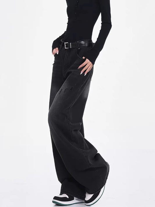 Jean noir à jambes larges pour femmes, tenue quotidienne, pantalon Vintage, bas Cool pour filles, pantalon Baggy taille haute, été