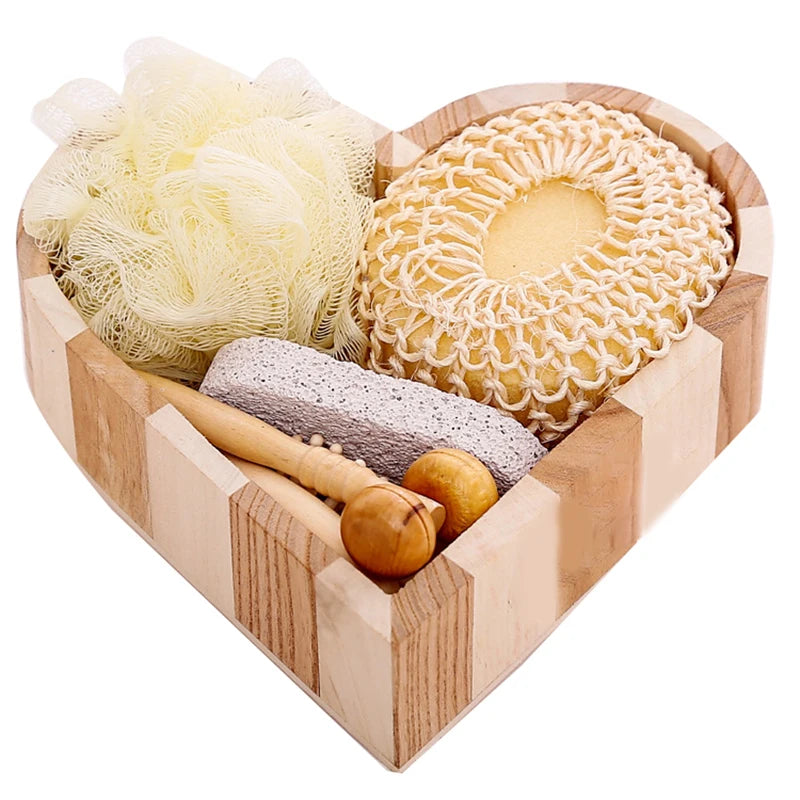 1 ensemble de coffret cadeau Spa en forme de cœur, Kit de nettoyage de la peau, cadeau de Spa pour femmes, Kit de fleurs de bain en Sisal, gants de gommage du dos, masseur