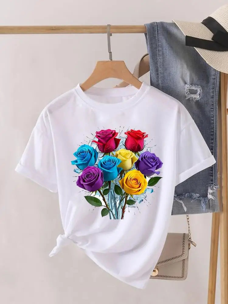 Tendance fleur Style mignon à manches courtes femmes imprimer femme chemise mode vêtements graphiques T-shirts vêtements dame t-shirt décontracté