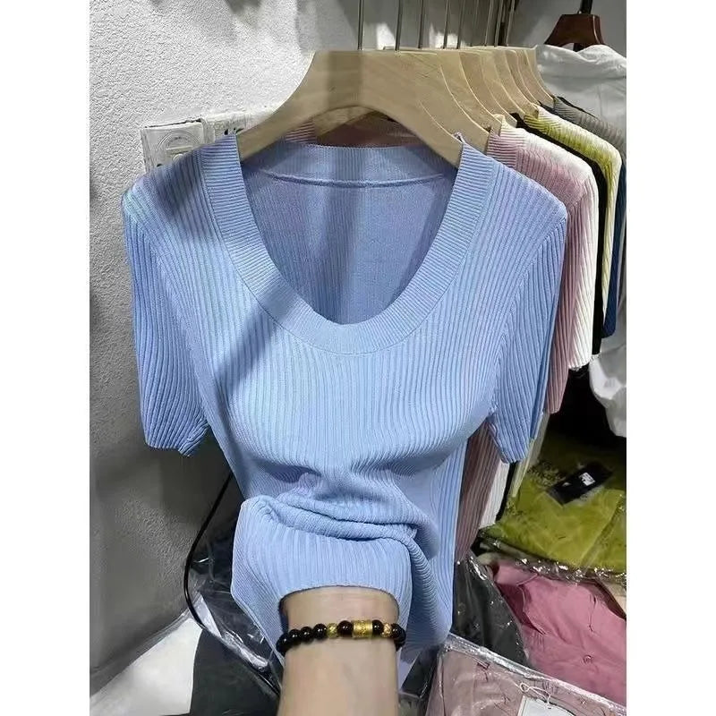 T-shirt d'été polyvalent à manches courtes pour femme, coupe couvertes, haut simple, piedmont Ice InjChic