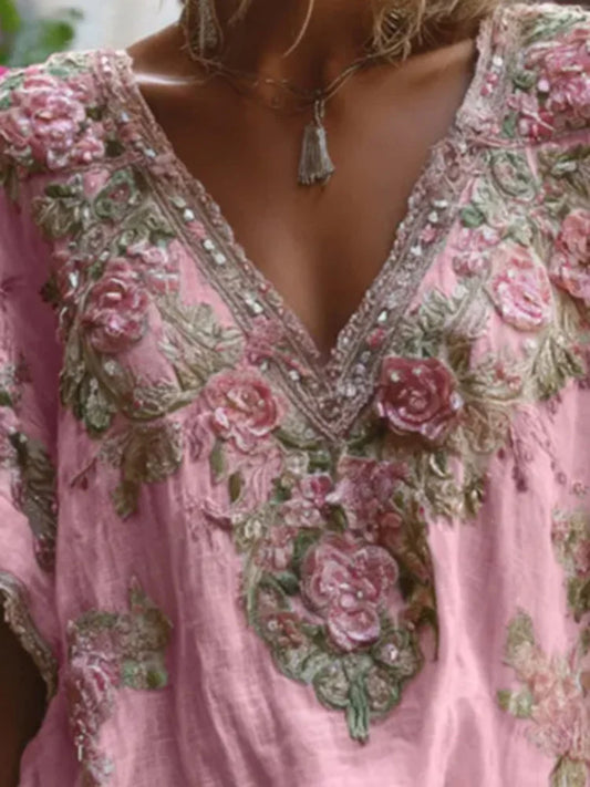 T-shirt à manches courtes pour les déplacements, ample, décontracté, col en v, Jacquard, chemisier à la mode, dentelle brodée, pulls floraux, été