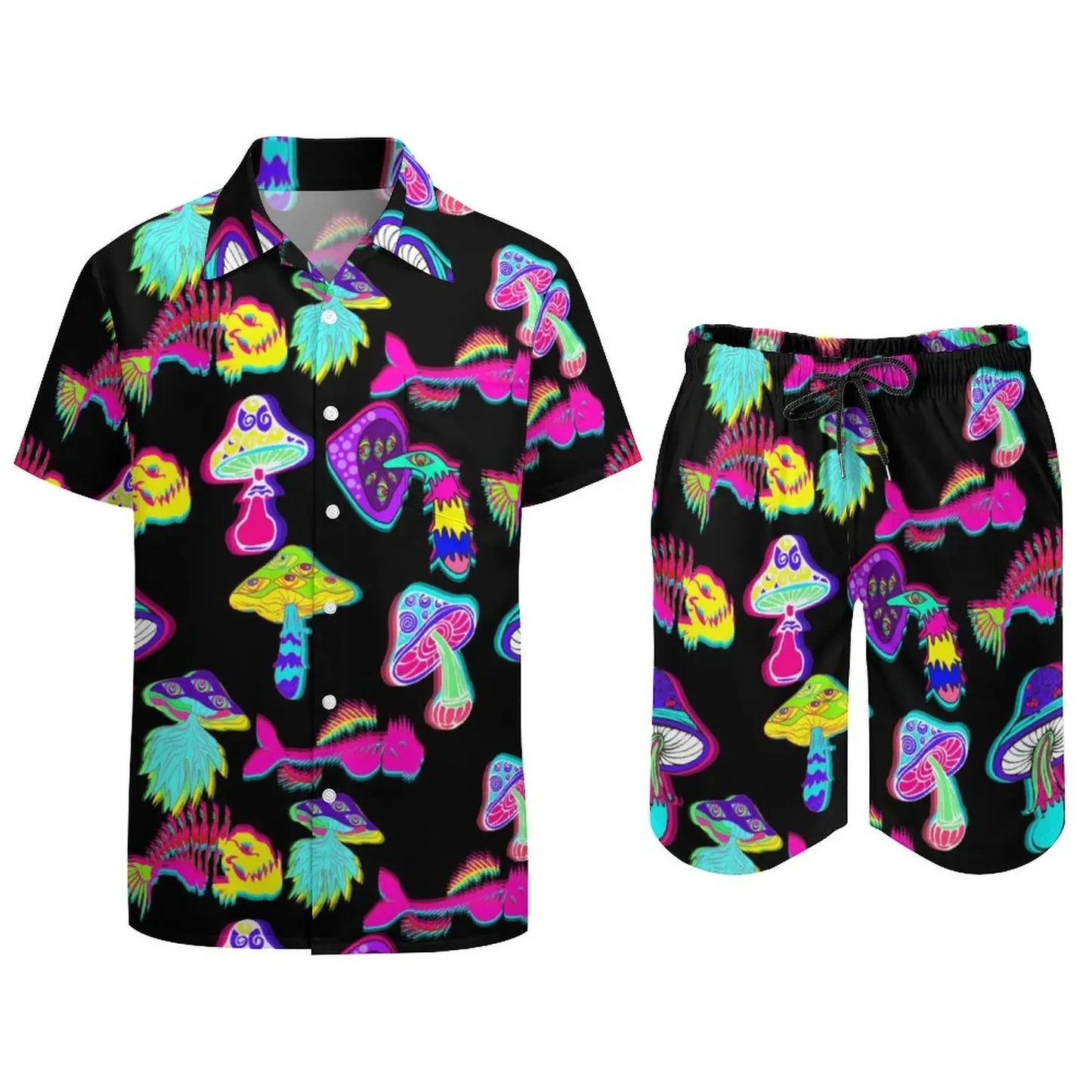 Ensemble champignon magique psychédélique pour hommes, chemise décontractée imprimée en 3D, short de plage surdimensionné, ensemble 2 pièces, costumes hawaïens pour vacances