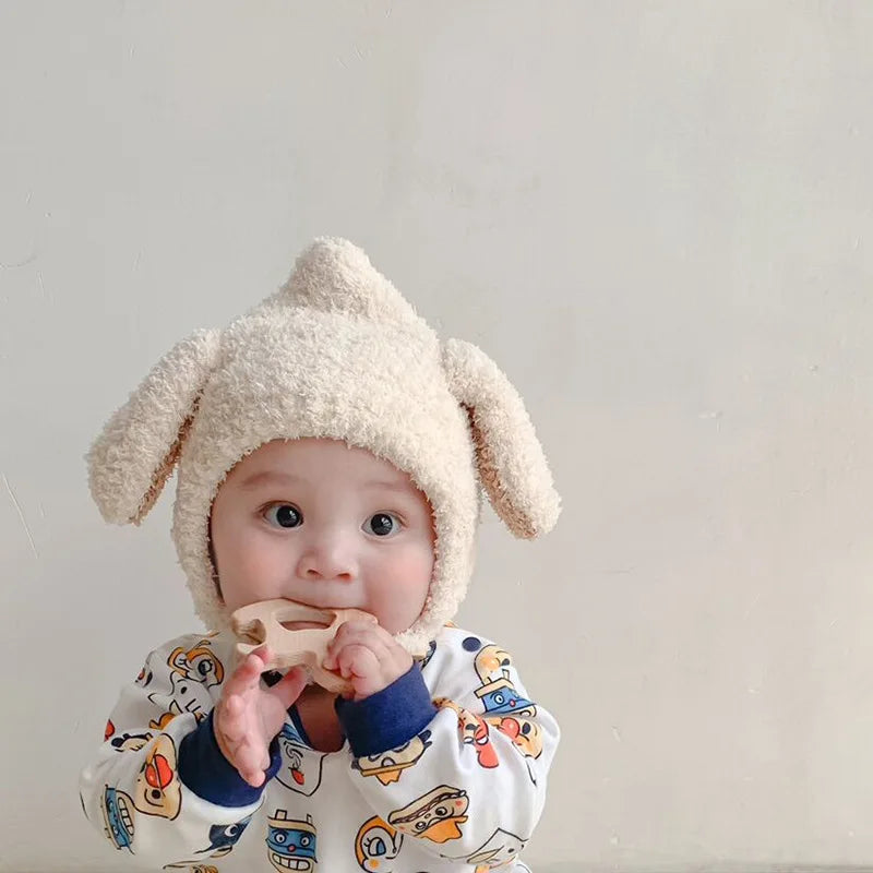 Chapeau en peluche avec oreilles de lapin pour bébé, bonnet pour bébé, bonnet à oreillettes, dessin animé coréen, chaud, mignon, garçon, fille, enfants, automne, hiver