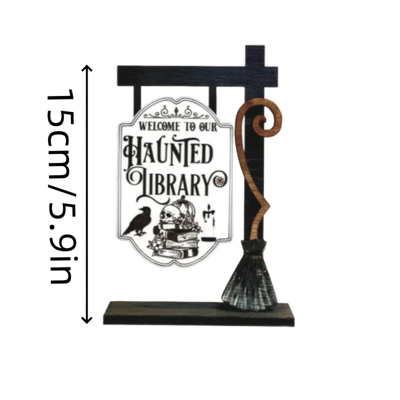 Décoration de bibliothèque fantôme d'Halloween – suspension en bois de style gothique, conception de crâne, corbeau et de chapeau de sorcière 3D