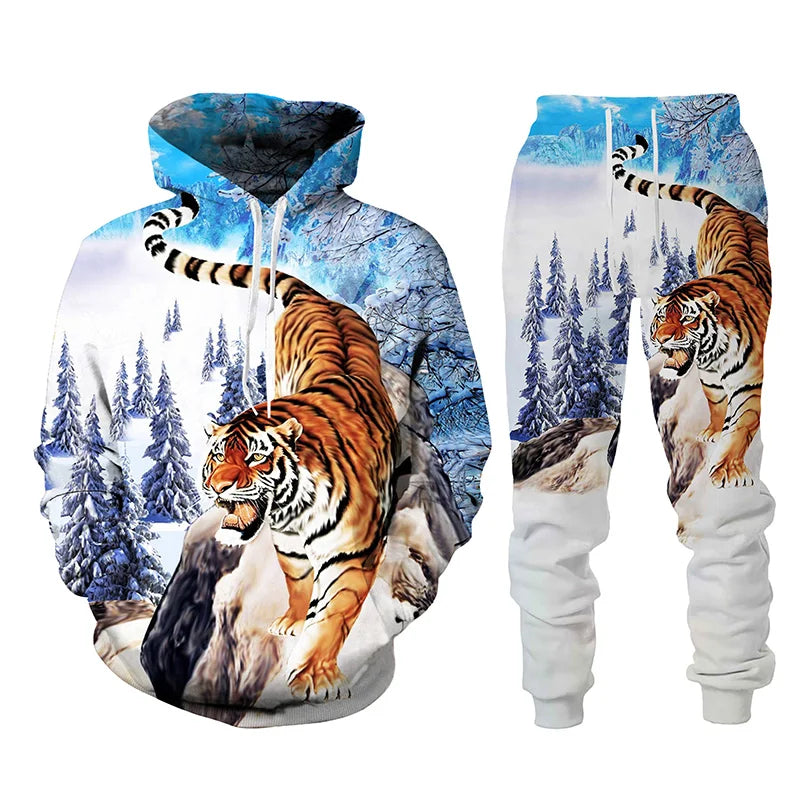 Ensemble de survêtement imprimé tigre animal 3D pour hommes, sweat à capuche et pantalon décontractés, streetwear à la mode, vêtements trempés, automne, hiver, 2 pièces